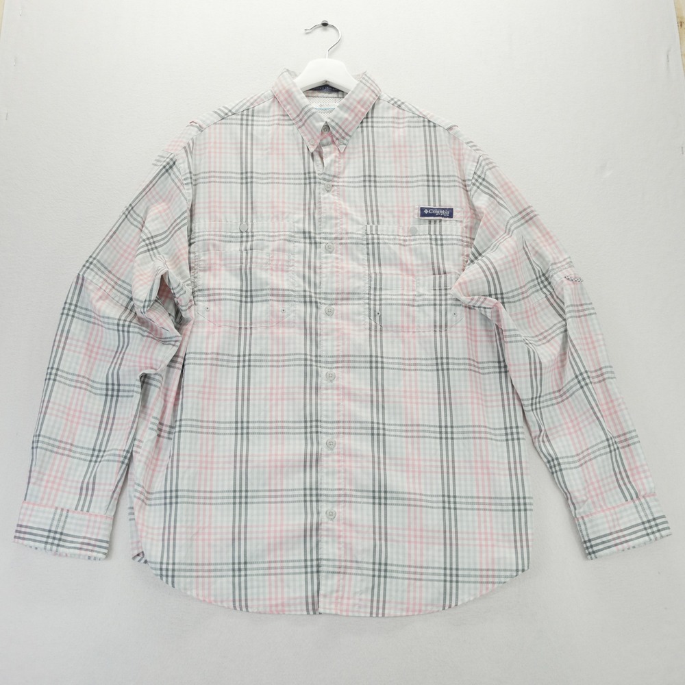 Columbia PFG Super Tamiami Fishing Shirt Mens Large Pink Grey Plaid Long Sleeve